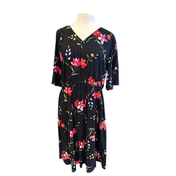 Old Navy Dresses & Skirts - Old Navy Womens Floral Black Midi Dress V-Neck Elastic Waist 1X Plus